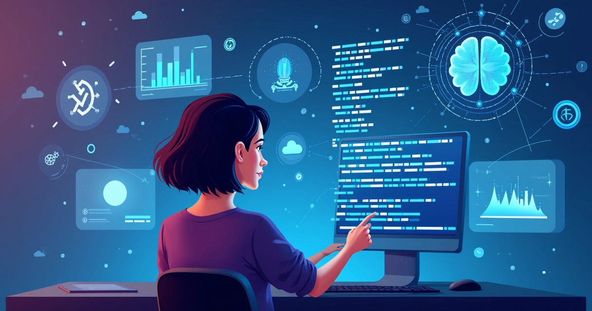 Mulher programando IA em tela digital azul 