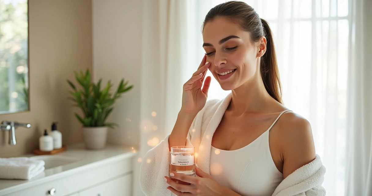 Mulher madura segurando suplemento de colágeno com destaque para pele e articulações 