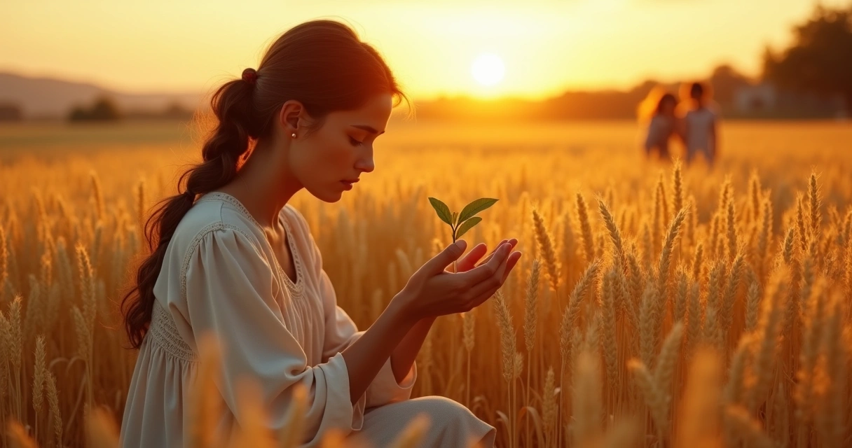 Mulher colhendo trigo, pôr do sol dourado ao fundo