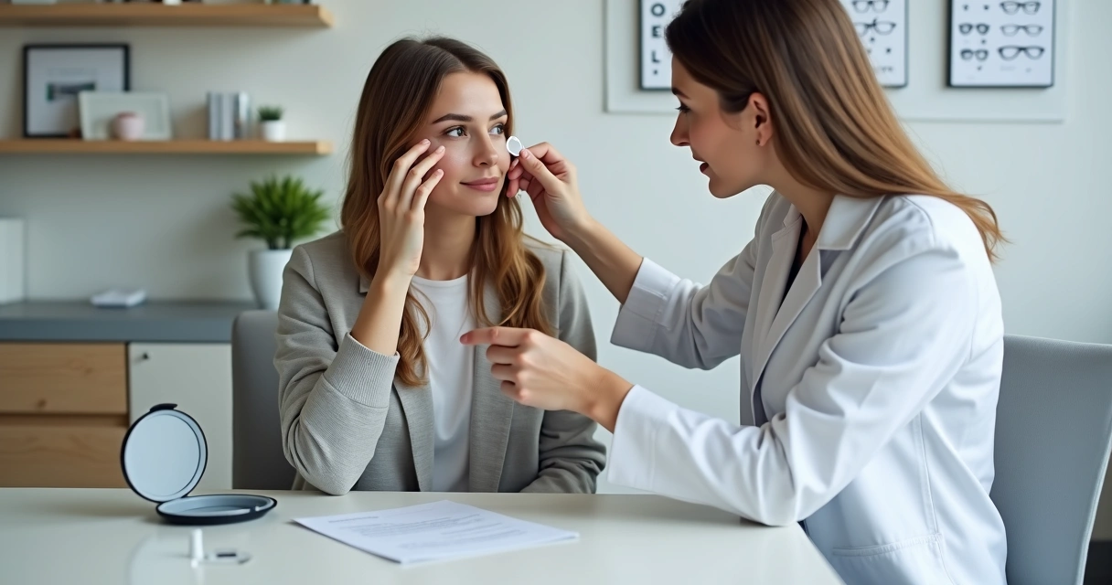 Mulher em consultório óptico colocando lente de contato com orientação do profissional 