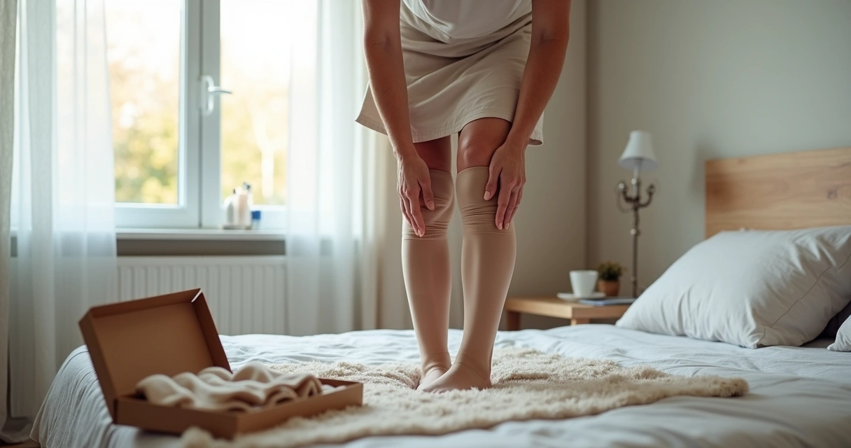 Mulher madura colocando meia de compressão nas pernas em quarto bem iluminado 