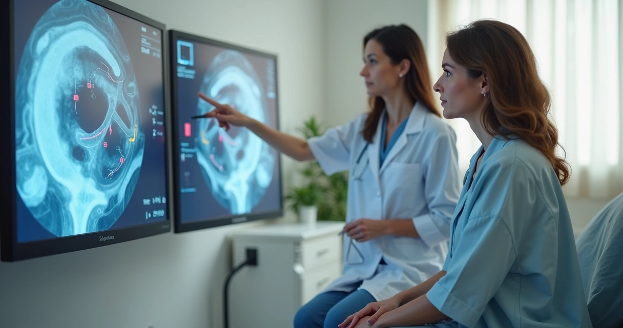 Mulher observando imagem ampliada do colo do útero em tela médica durante explicação de colposcopia 
