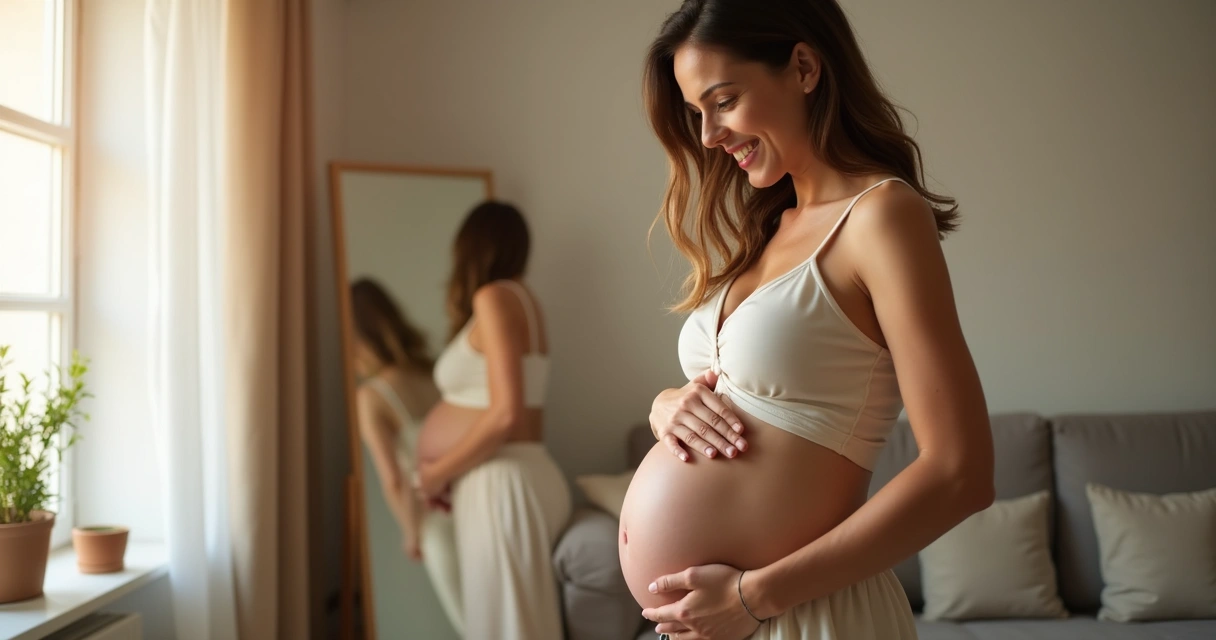 Mulher sorridente em casa demonstrando autoconfiança 