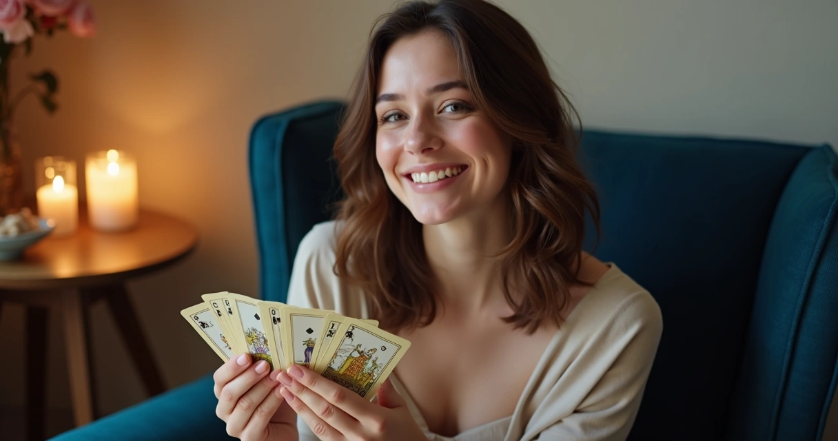 Jovem mulher segura cartas do baralho cigano, destacando a carta Caminhos, com sorriso leve 