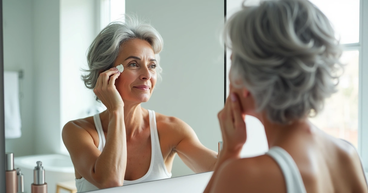 Mulher aplicando creme em cabelo grisalho em frente ao espelho