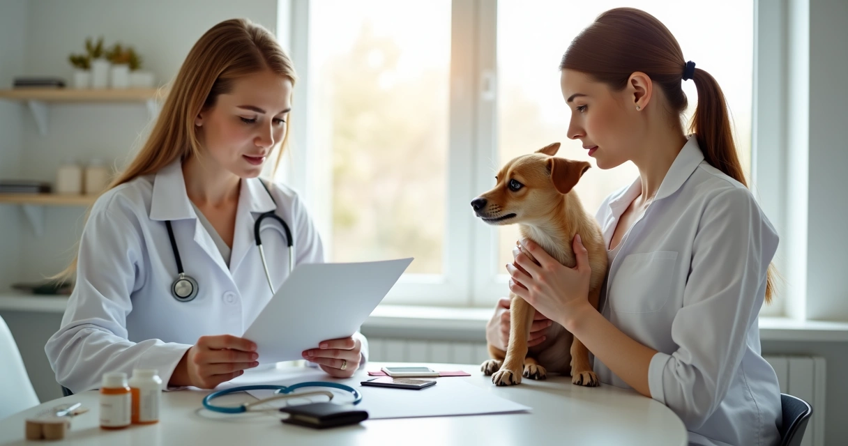 Mulher segurando cachorro pequeno em clínica veterinária
