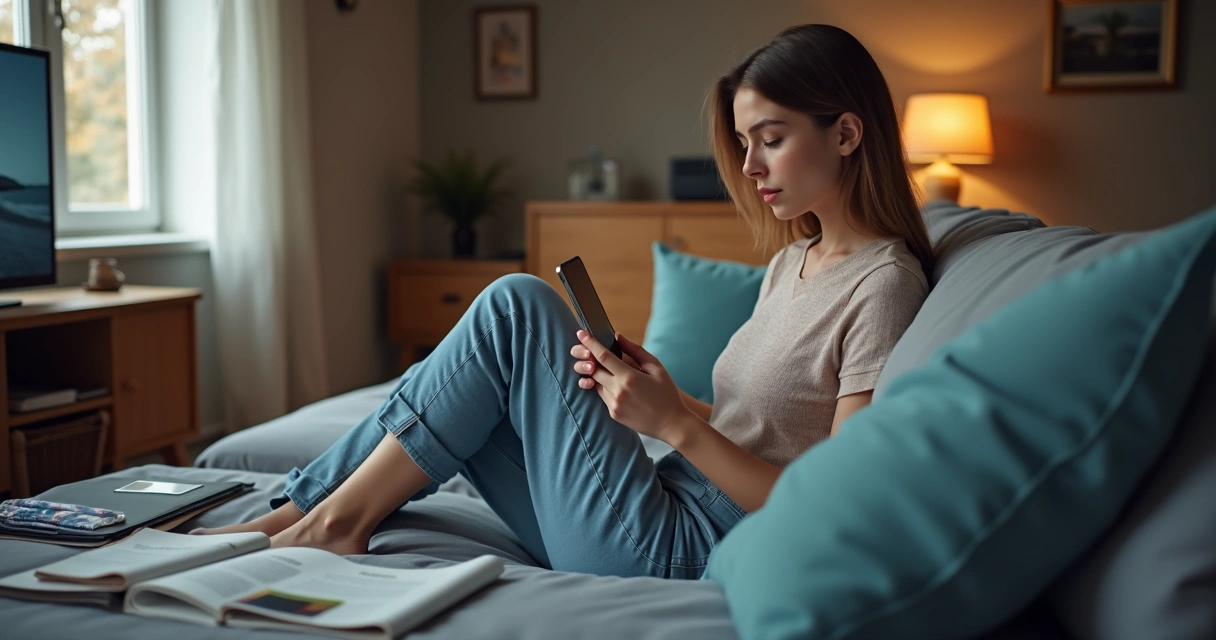 Mulher segurando celular distraída 