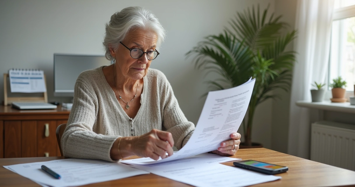 Mulher sentada com documentos na mão, preparando requerimento de aposentadoria no INSS 