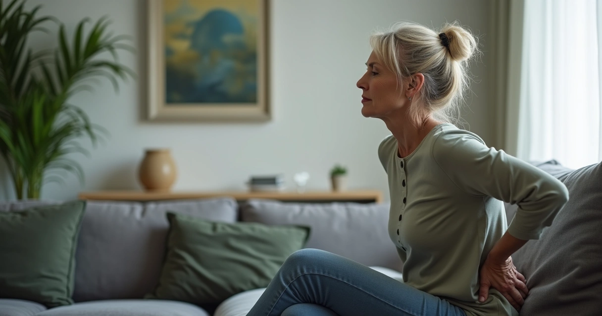 Mulher apoiada no sofá segurando a coluna com expressão séria 