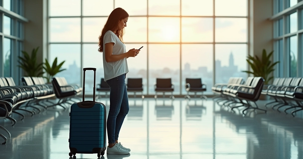 Mulher com malas em aeroporto olhando passagem no celular 