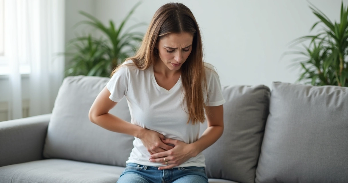 Mulher com mão na barriga em expressão de desconforto no sofá. 