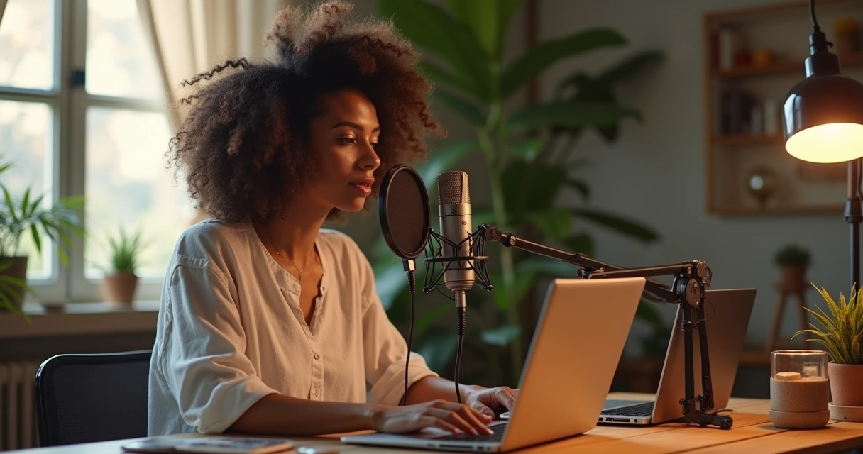 Mulher gravando podcast com microfone 