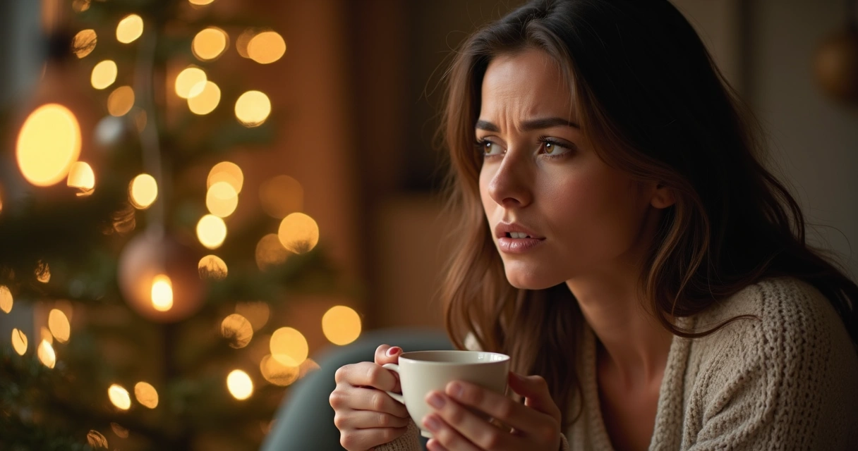 Mulher com olhar emocionado diante de árvore de Natal iluminada 