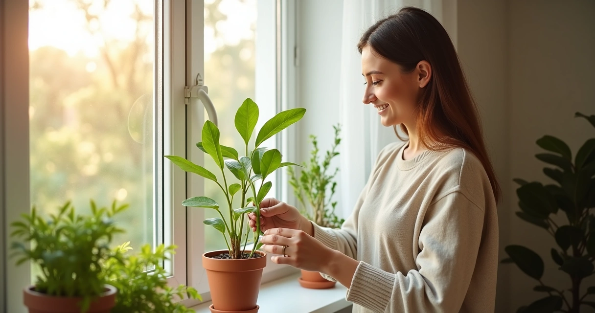 Mulher sorrindo regando plantas perto da janela 