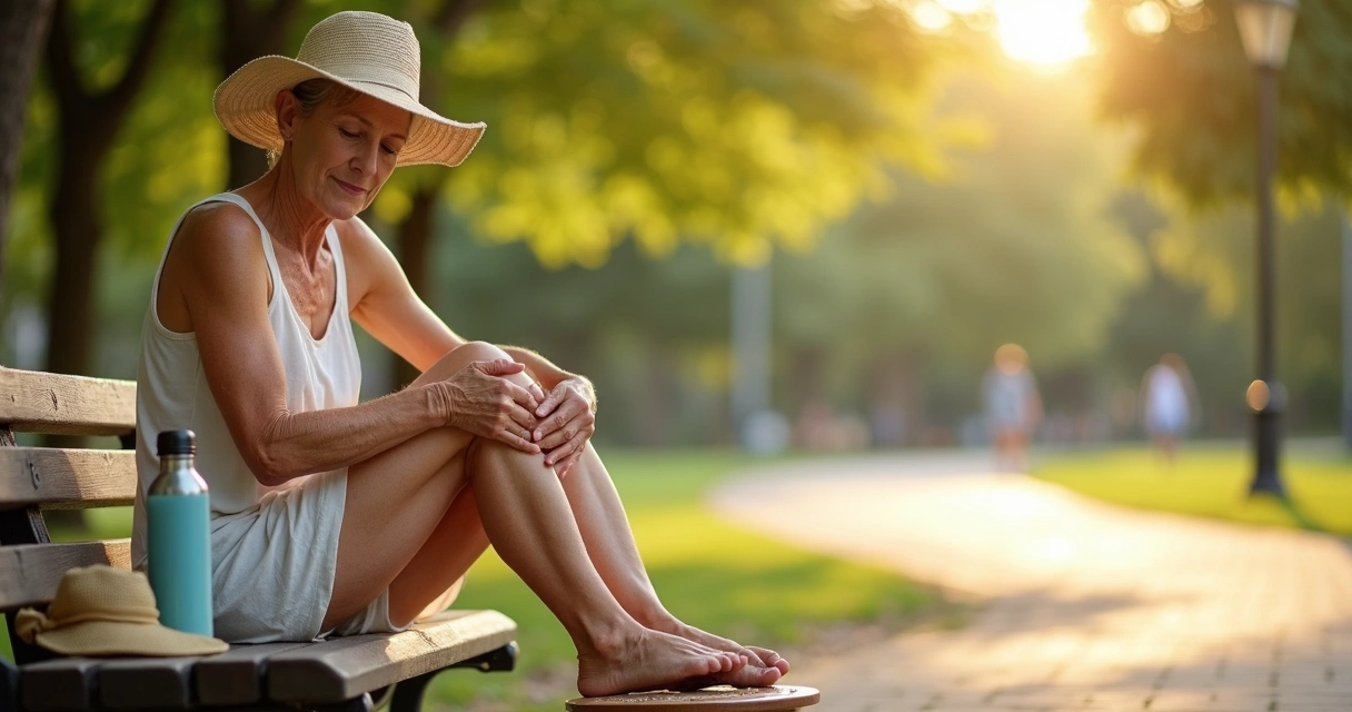 Mulher com varizes descansando à sombra em dia quente 