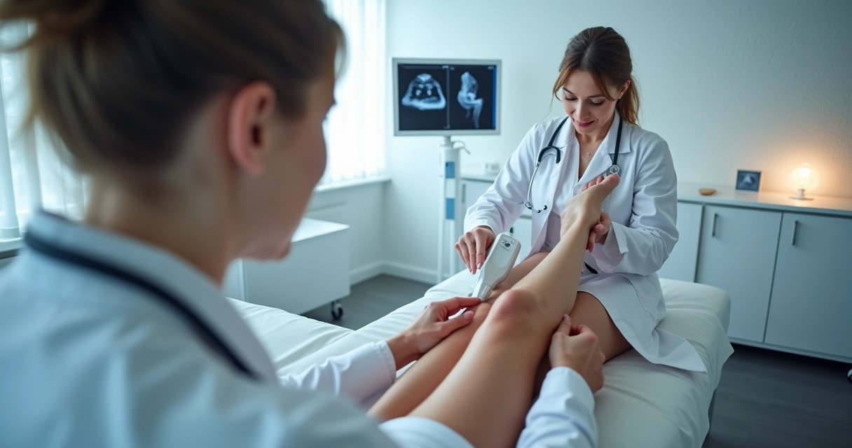 Paciente com varizes sendo avaliada por médico vascular em consultório