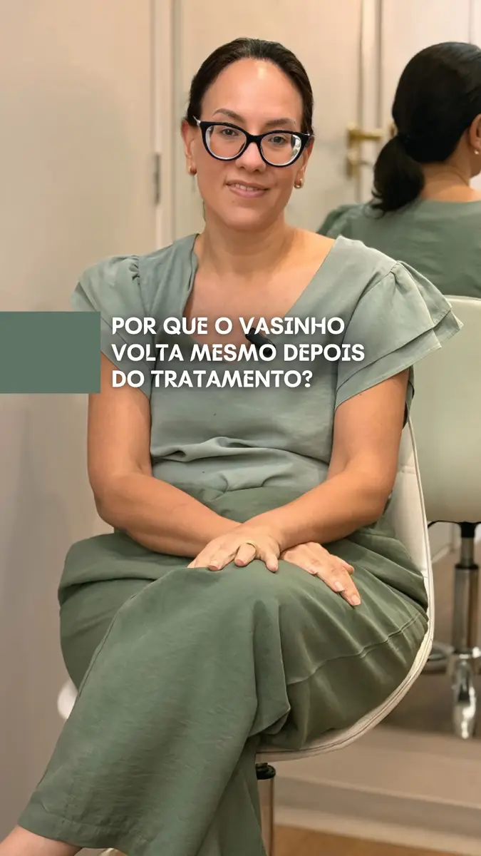 Mulher sentada com vestido verde e óculos pretos, com texto sobre tratamento de vasinhos