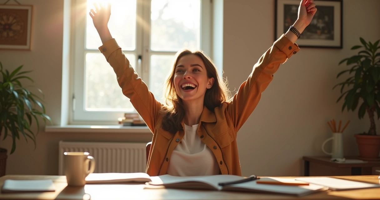 Mulher sorrindo celebrando pequena conquista em casa