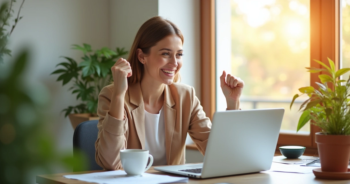 Mulher sorrindo ao ver saldo financeiro positivo em planilha 