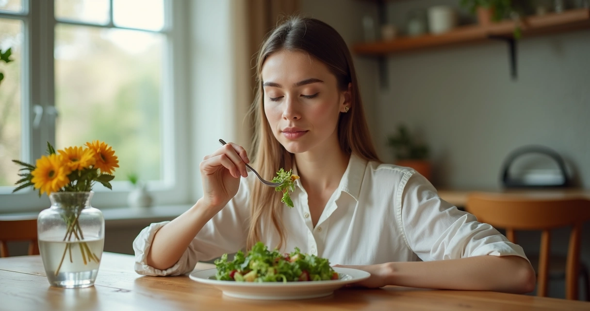 Mulher saboreando alimento com olhos fechados em ambiente tranquilo