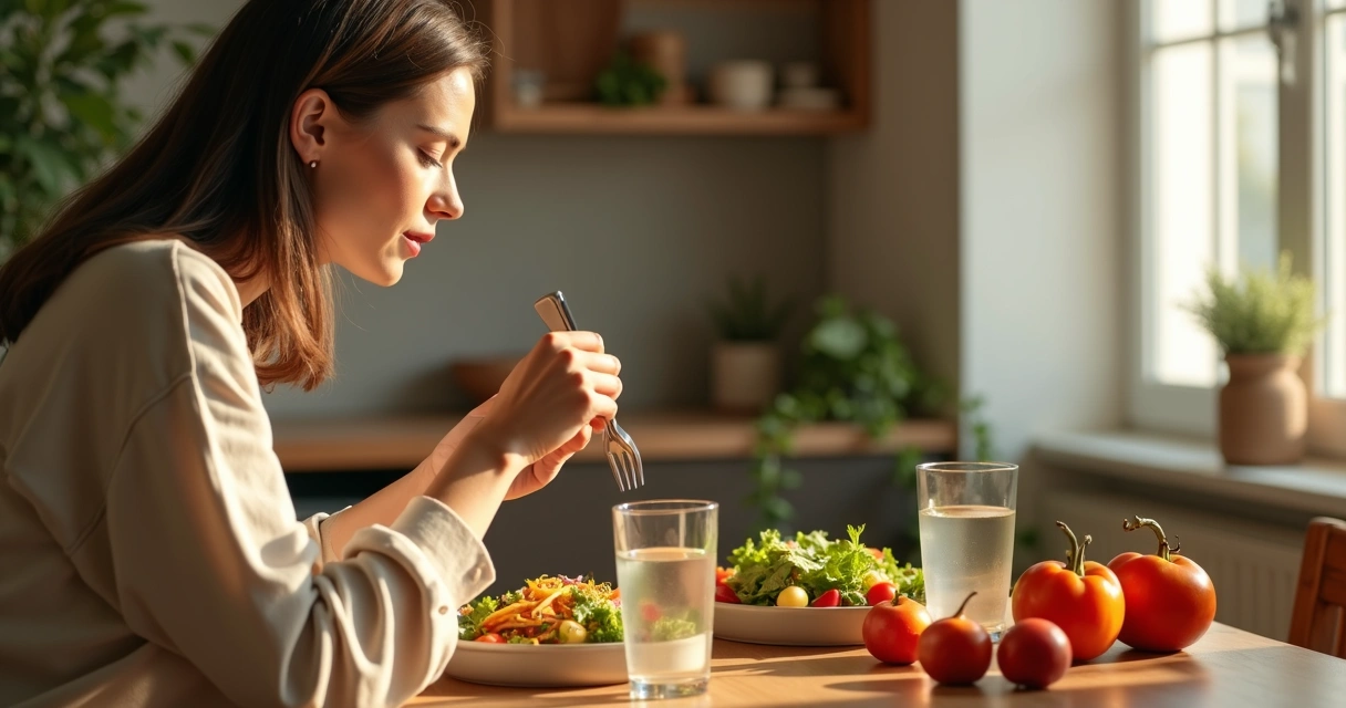 Mulher comendo devagar em ambiente tranquilo, saboreando a comida com atenção plena 