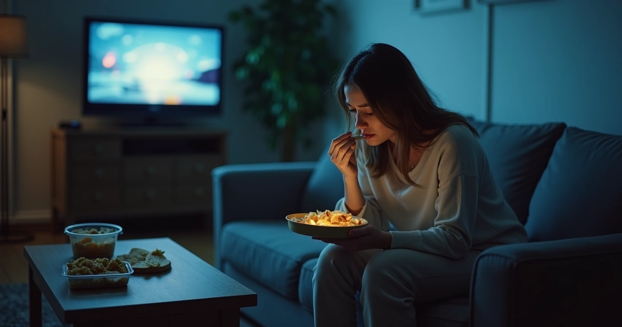 Mulher sentada no sofá comendo e expressão de tristeza 