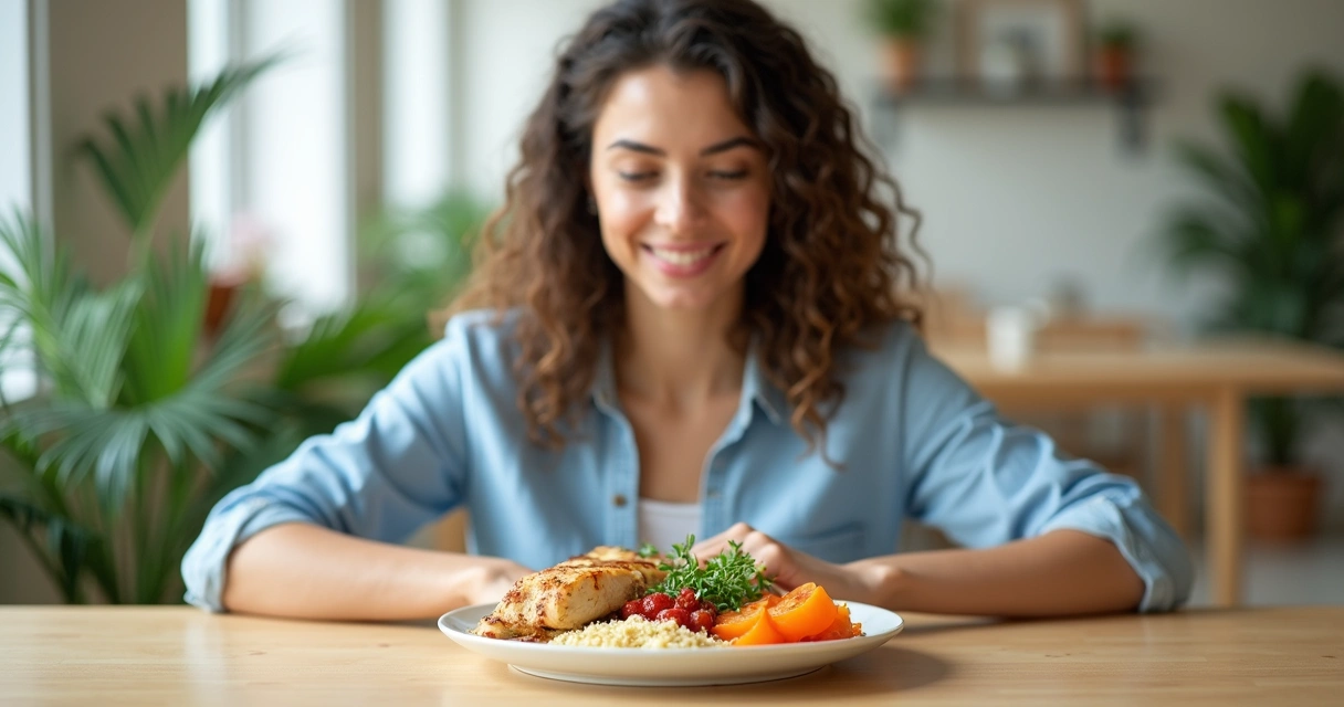Mulher sorrindo para uma refeição saudável em um prato