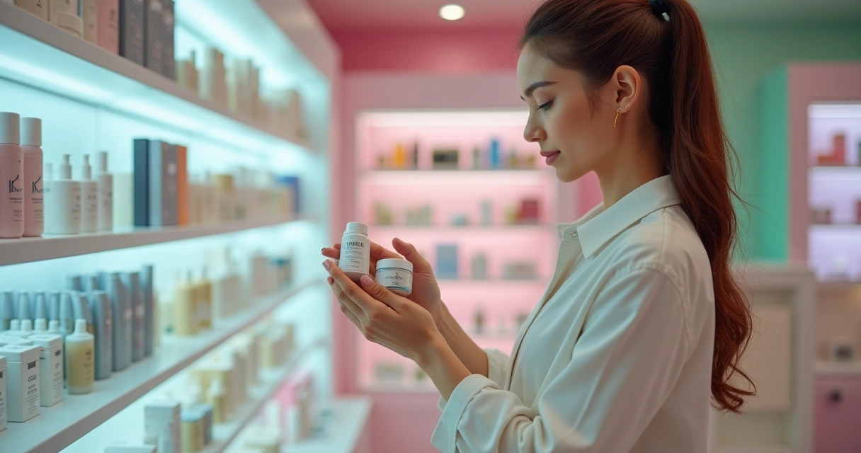 Mulher escolhendo produtos de skincare em loja moderna 