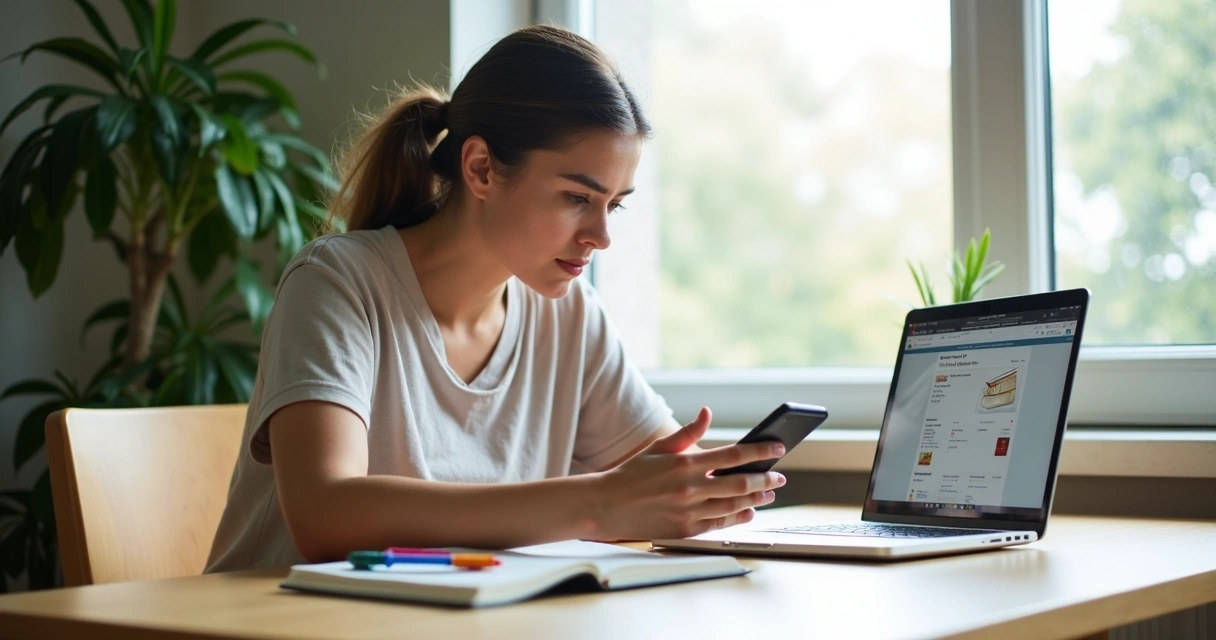 Mulher segurando celular e olhando notebook, analisando preços online