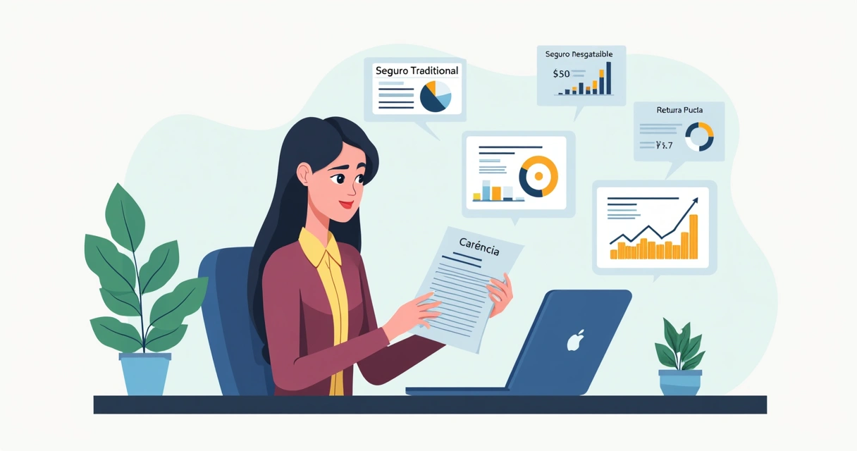 Mulher sentada analisando opções de seguros, com gráficos financeiros à sua frente 