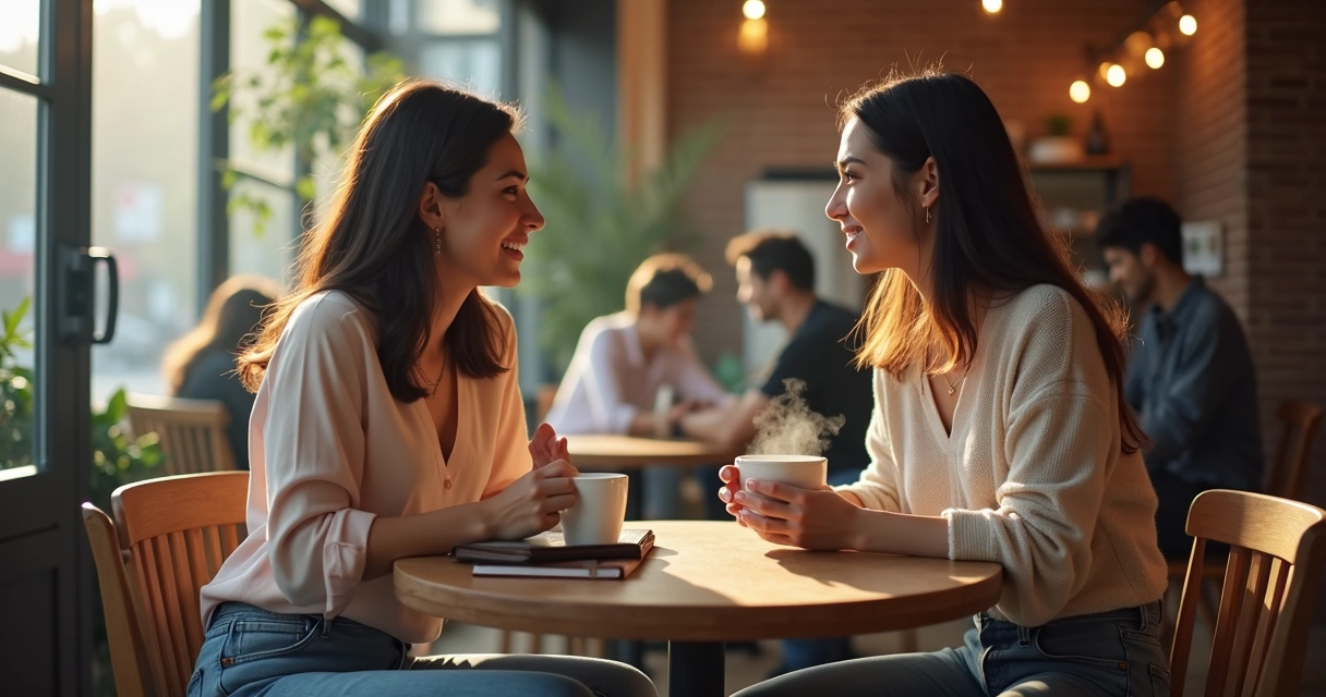 Mulher cristã conversando sobre a fé com amiga em cafeteria aconchegante 