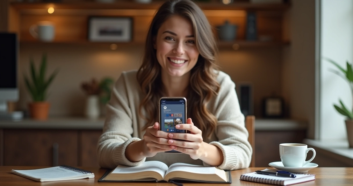 Mulher sorridente segurando celular, com tela mostrando redes sociais, sentada à mesa com bíblia aberta