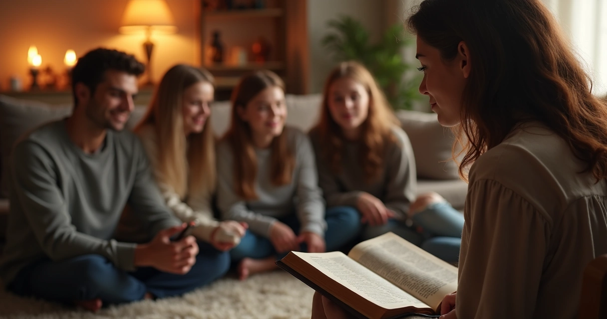 Mulher fala para grupo sobre uma história bíblica 