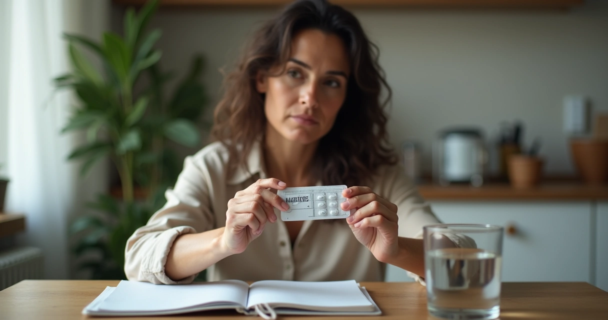Mulher sentada segurando comprimidos em um blister, refletindo sobre a PrEP