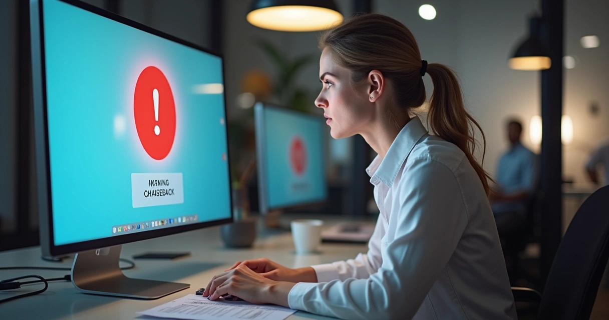 Mulher observa alerta de fraude na tela do computador