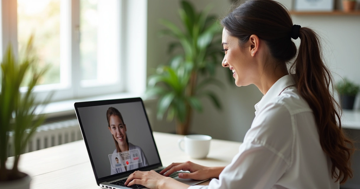 Mulher sorrindo gravando um depoimento em vídeo no notebook 