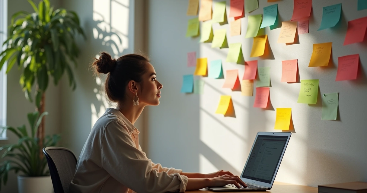 Mulher sentada com computador e post-its em parede com ideias de campanhas digitais