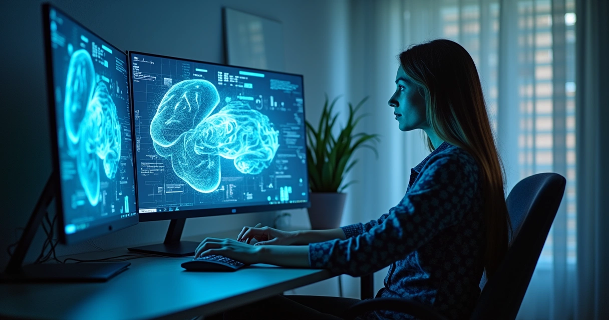 Mulher trabalhando no computador com elementos digitais de IA na tela, fundo corporativo. 