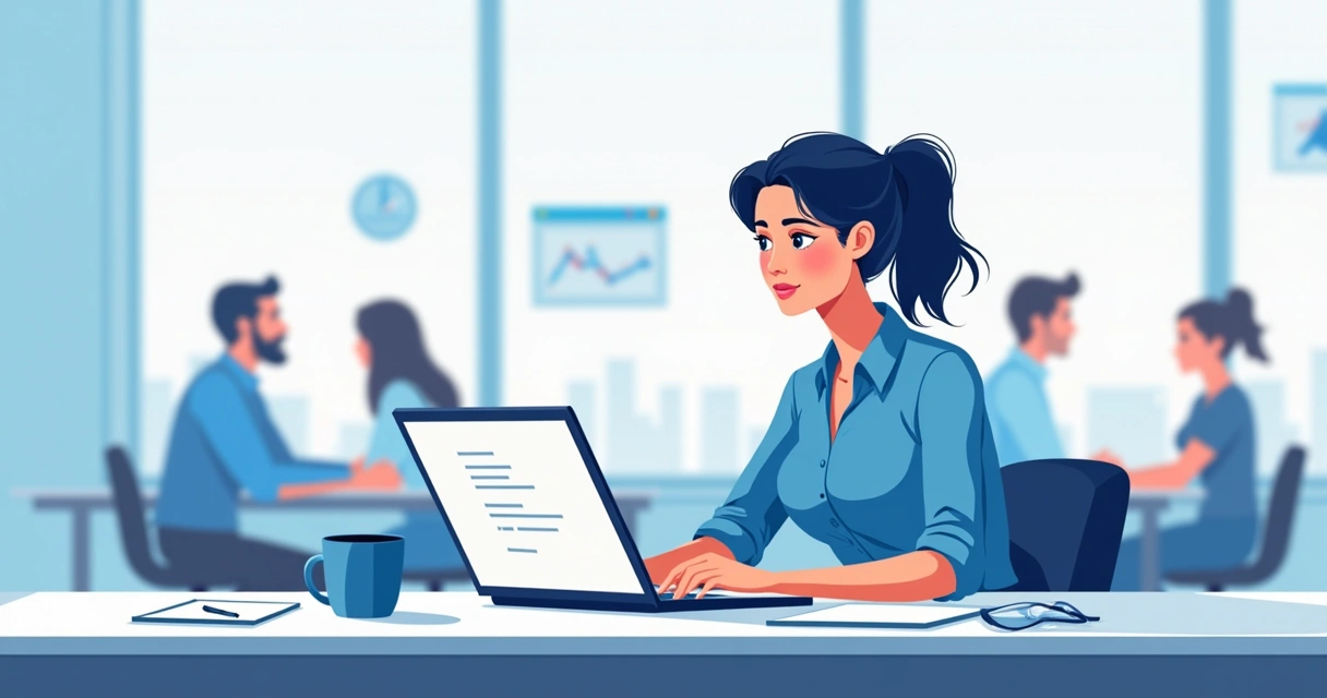 Mulher responde pesquisa online em notebook em ambiente de trabalho compartilhado