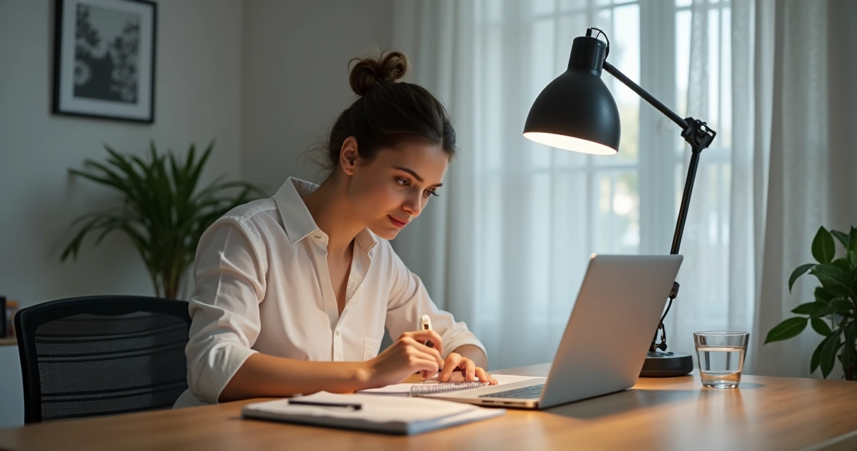 Mulher lendo anotações concentrada em mesa de trabalho limpa 