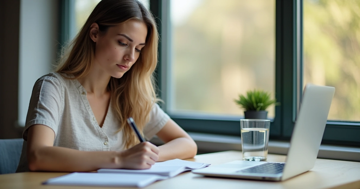 Mulher concentrada planejando tarefas em bloco de notas 