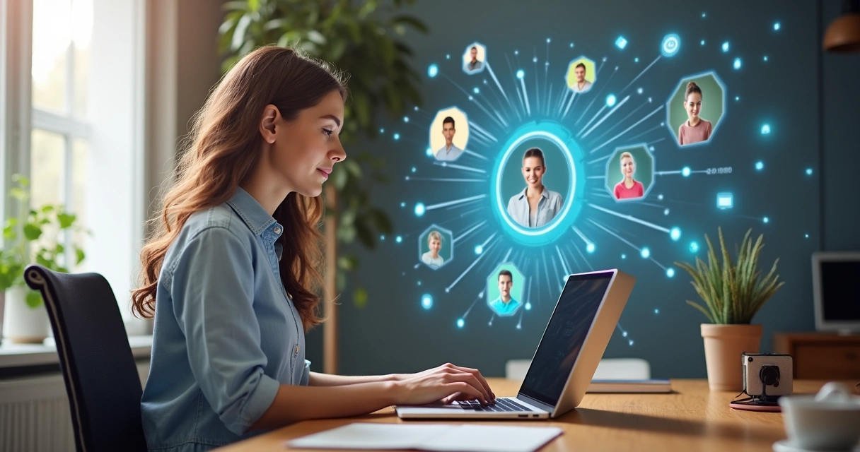 Mulher usando computador conectando-se digitalmente a redes de pessoas