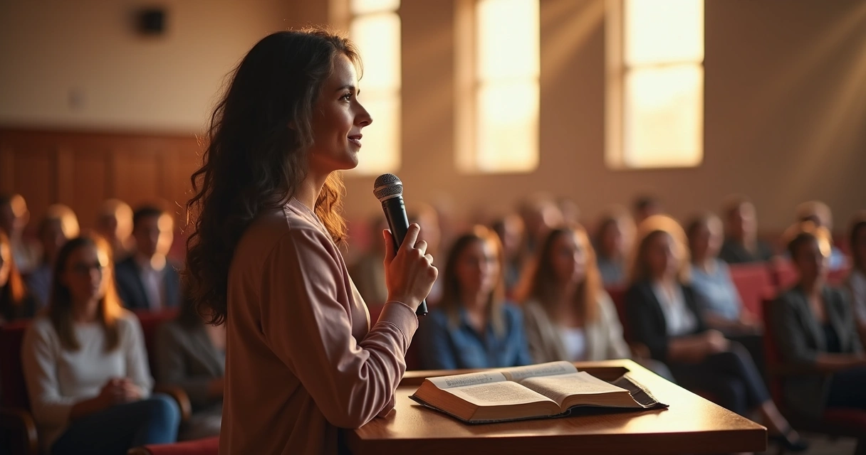 Mulher confiante falando ao microfone, Bíblia aberta sobre a mesa 