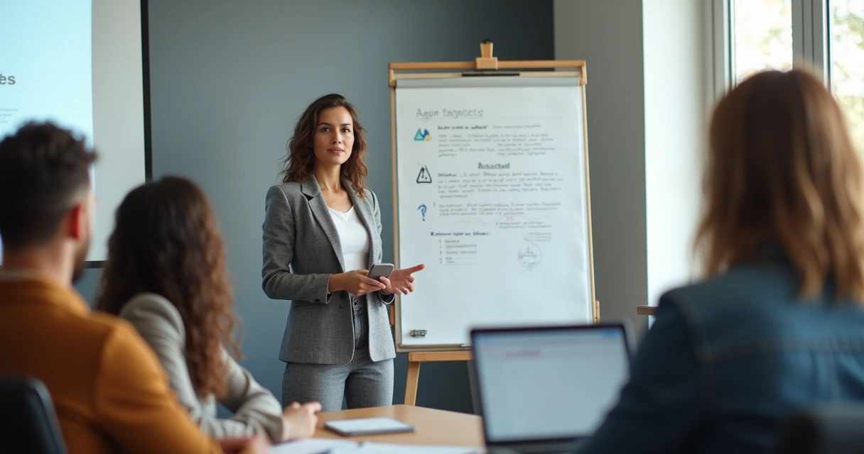 Mulher fazendo apresentação para pequeno grupo, expressando confiança 