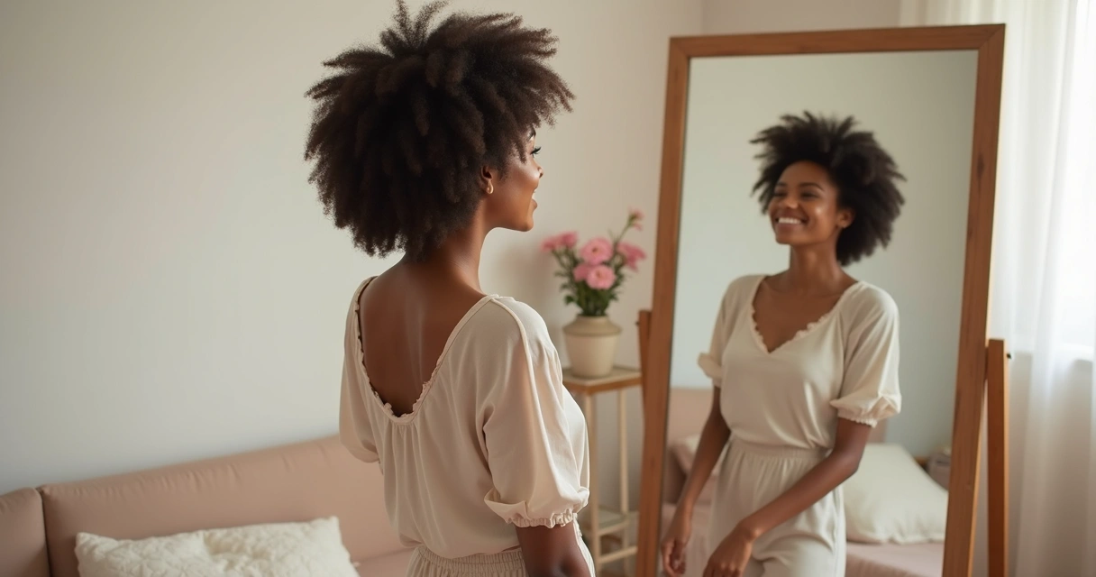 Mulher sorrindo olhando para si mesma no espelho 