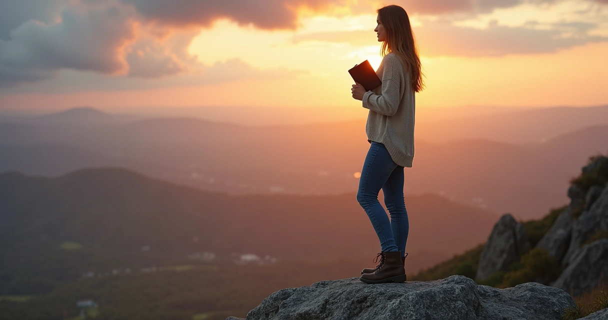 Mulher parada no topo de montanha ao amanhecer olhando para o horizonte com uma Bíblia na mão 