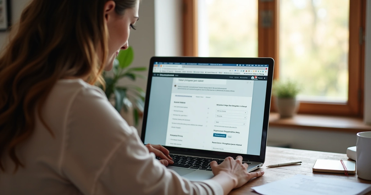 Mulher mexendo em notebook com tela aberta em configuração de blog 