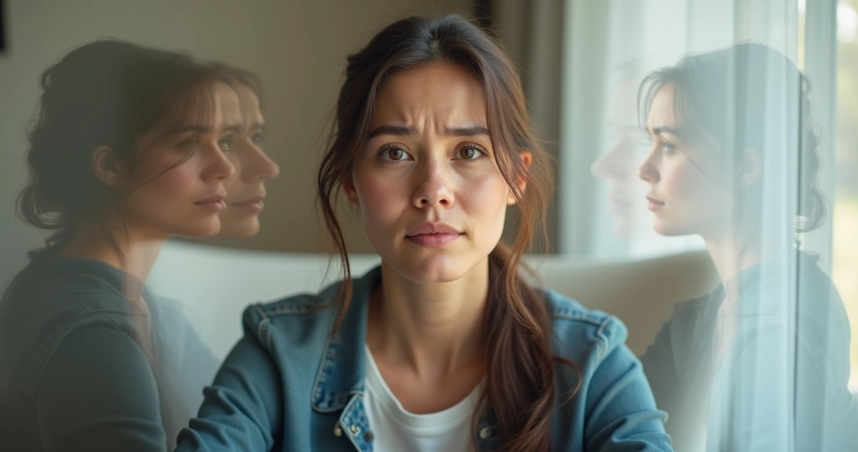 Mulher adulta em close com várias emoções confusas sobrepostas ao rosto 