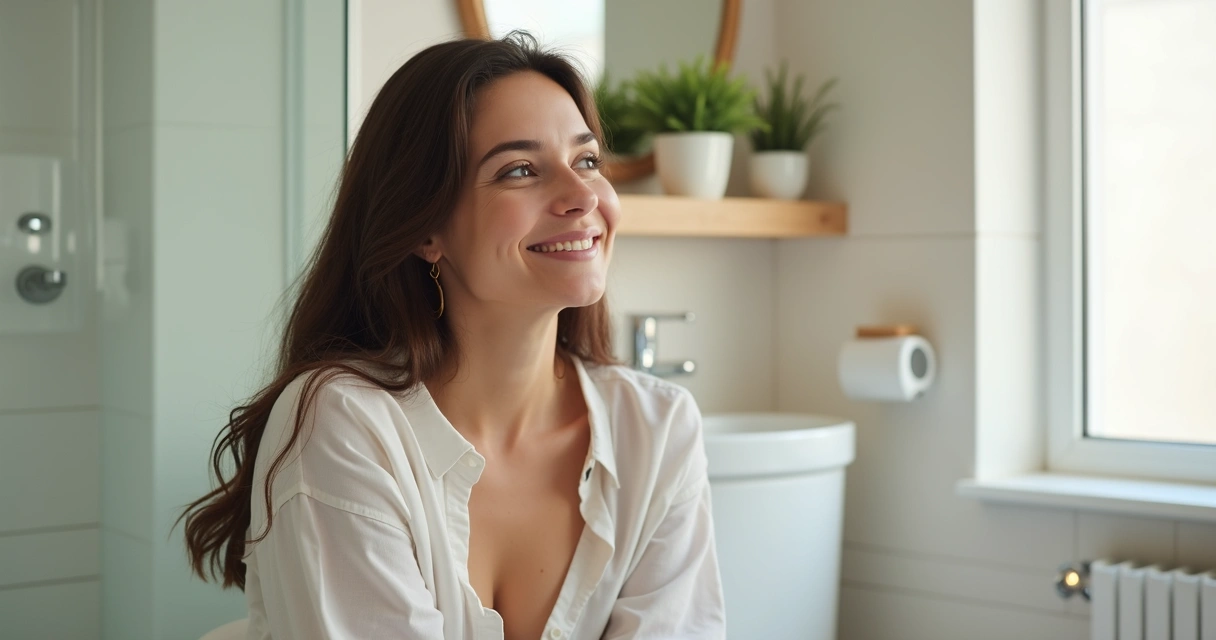 Mulher sentada no banheiro, postura confortável, expressão de alívio e tranquilidade 