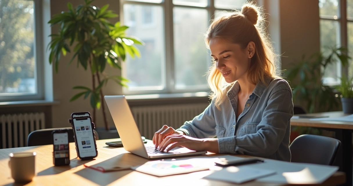 Mulher personalizando site mobile em laptop enquanto toma café em escritório moderno